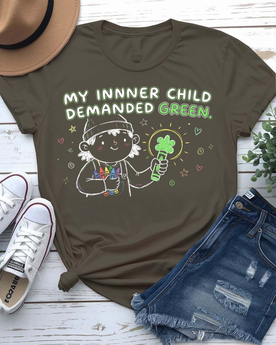 My Inner Child Demanded Green St. Patrick's Day Tee with jumping kid silhouette on model