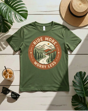 Ride more worry less tee motorcycle sunset highway graphic