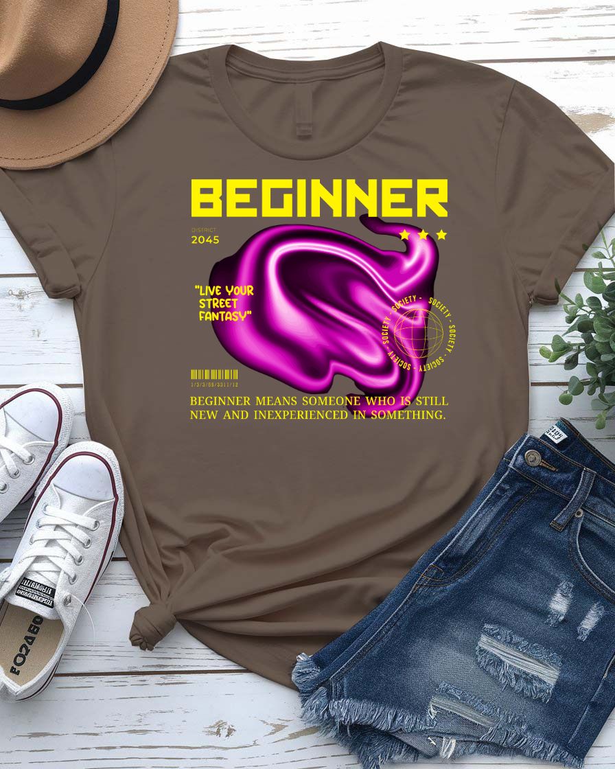 Beginner Streetwear Tee with minimalist training wheel graphic on model