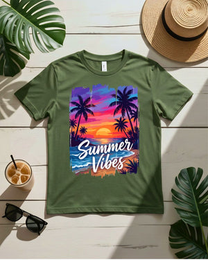 Sunset summer vibes tee orange pink sky with palm trees