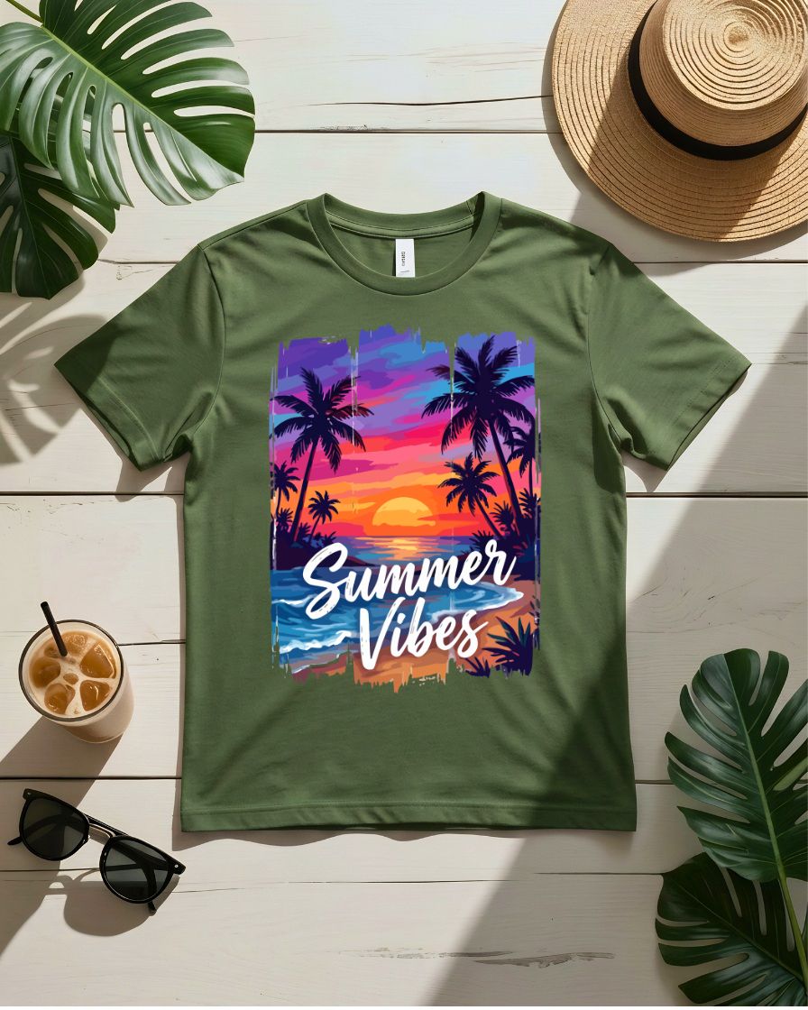 Sunset summer vibes tee orange pink sky with palm trees