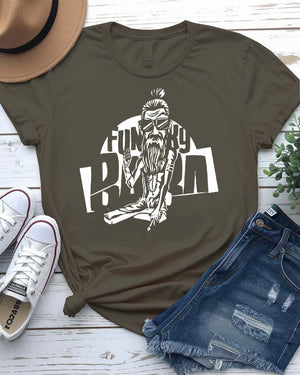 Funky Baba Funny Tee with groovy grandpa dancing with records on model