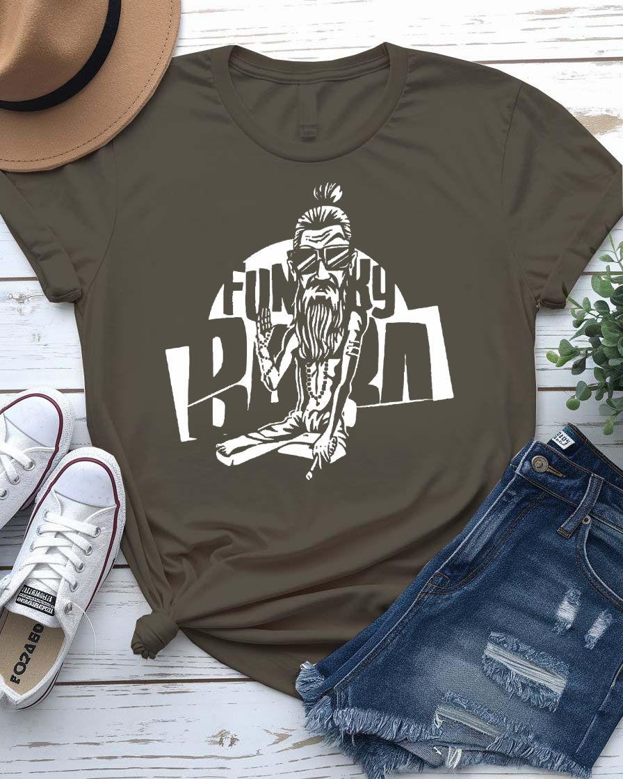 Funky Baba Funny Tee with groovy grandpa dancing with records on model