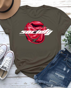 Society Streetwear Tee with lone figure walking away from crowd graphic on model
