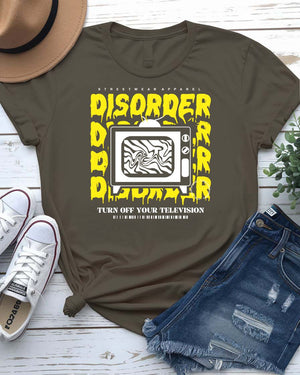 Disorder Streetwear T-Shirt with scattering geometric forms on model