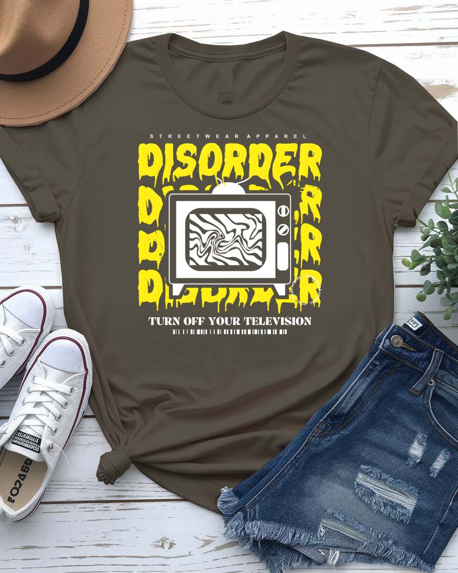 Disorder Streetwear T-Shirt with scattering geometric forms on model