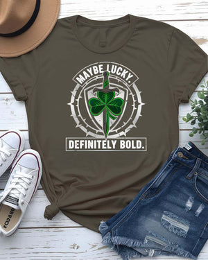 May Be Lucky St. Patrick's Day Tee with question mark clover on model