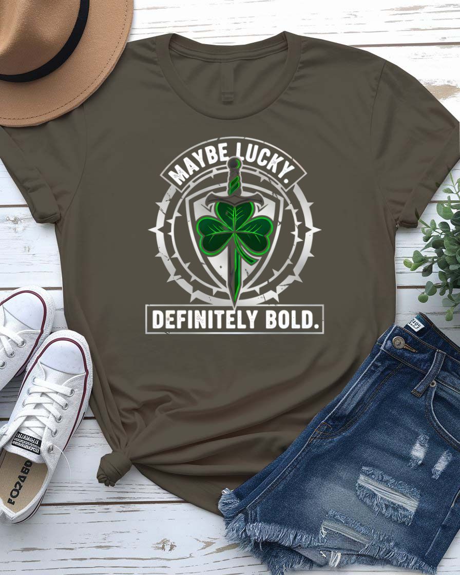 May Be Lucky St. Patrick's Day Tee with question mark clover on model