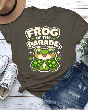 Frog of Parade St. Patrick's Day Tee with crowned frog on float on model