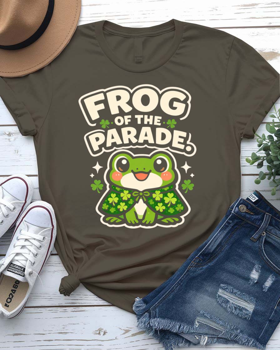 Frog of Parade St. Patrick's Day Tee with crowned frog on float on model