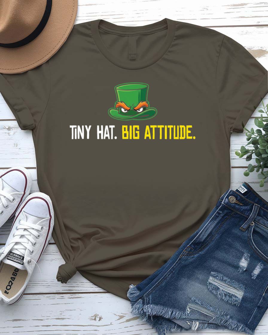 Tiny Hat Big Attitude St. Patrick's Day Tee with sassy leprechaun hat on model