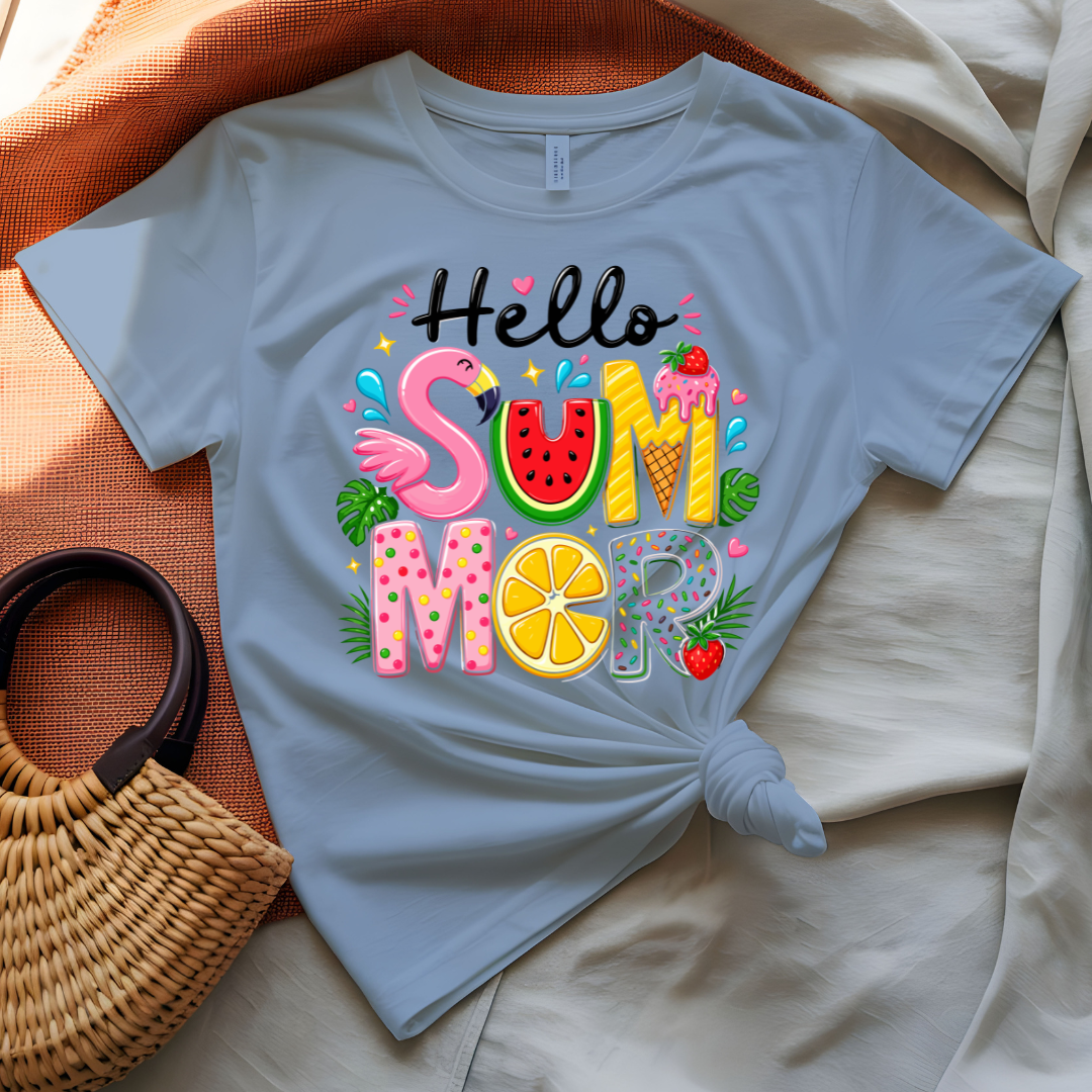 Hello Summer Tee with tropical leaves and floral design