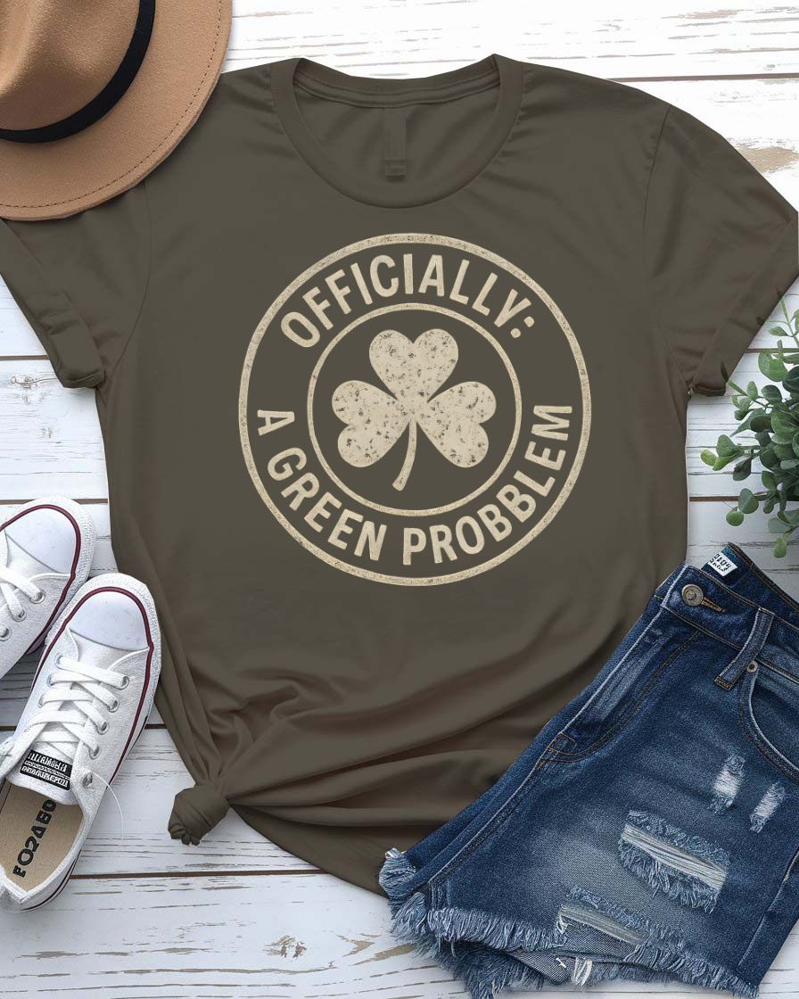 Officially A Green Problem St. Patrick's Tee with warning label design on model
