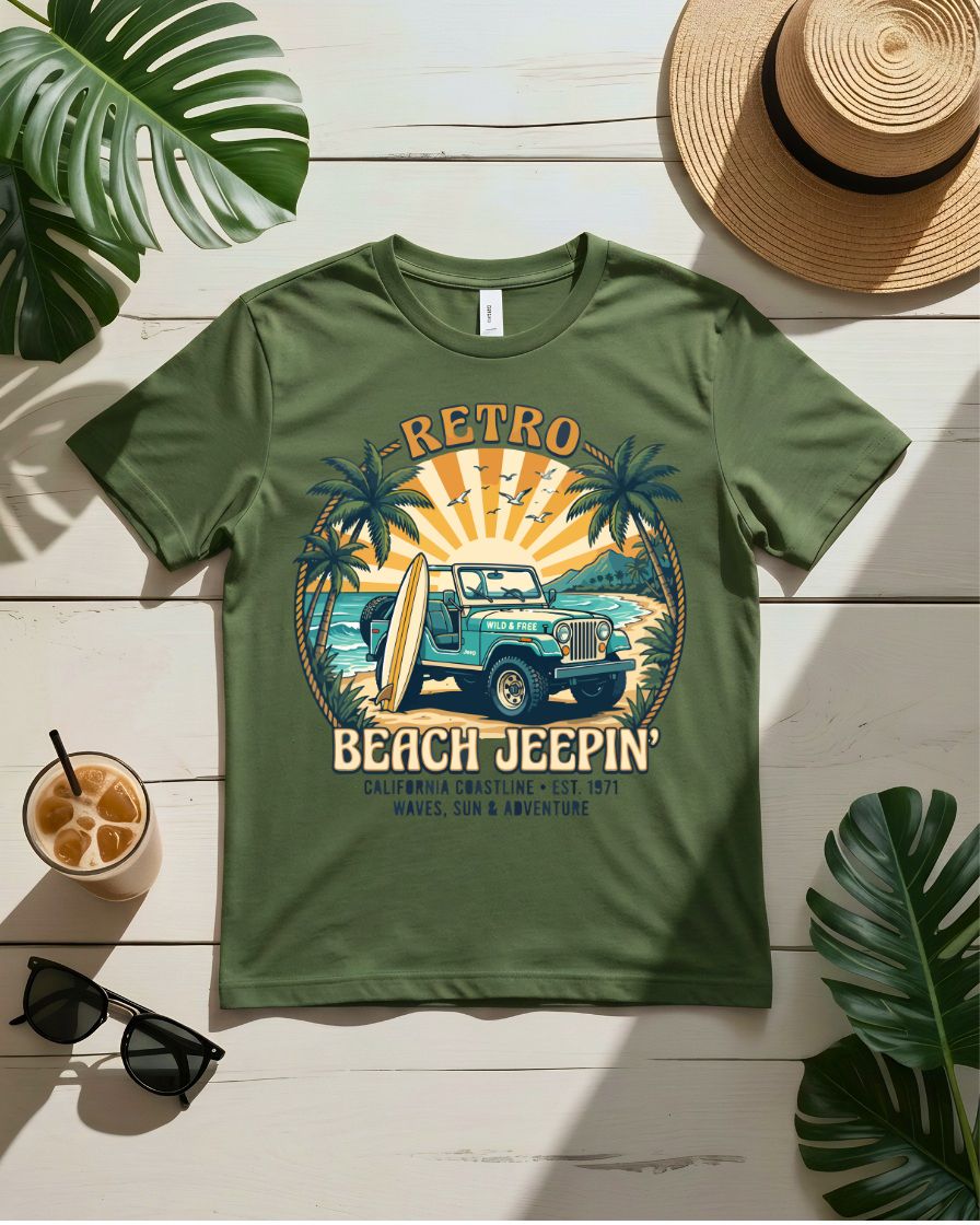 Retro beach jeepin tee vintage jeep surfboards coastal highway