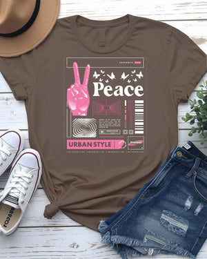 Peace urban graphic tee with deconstructed peace symbol on model