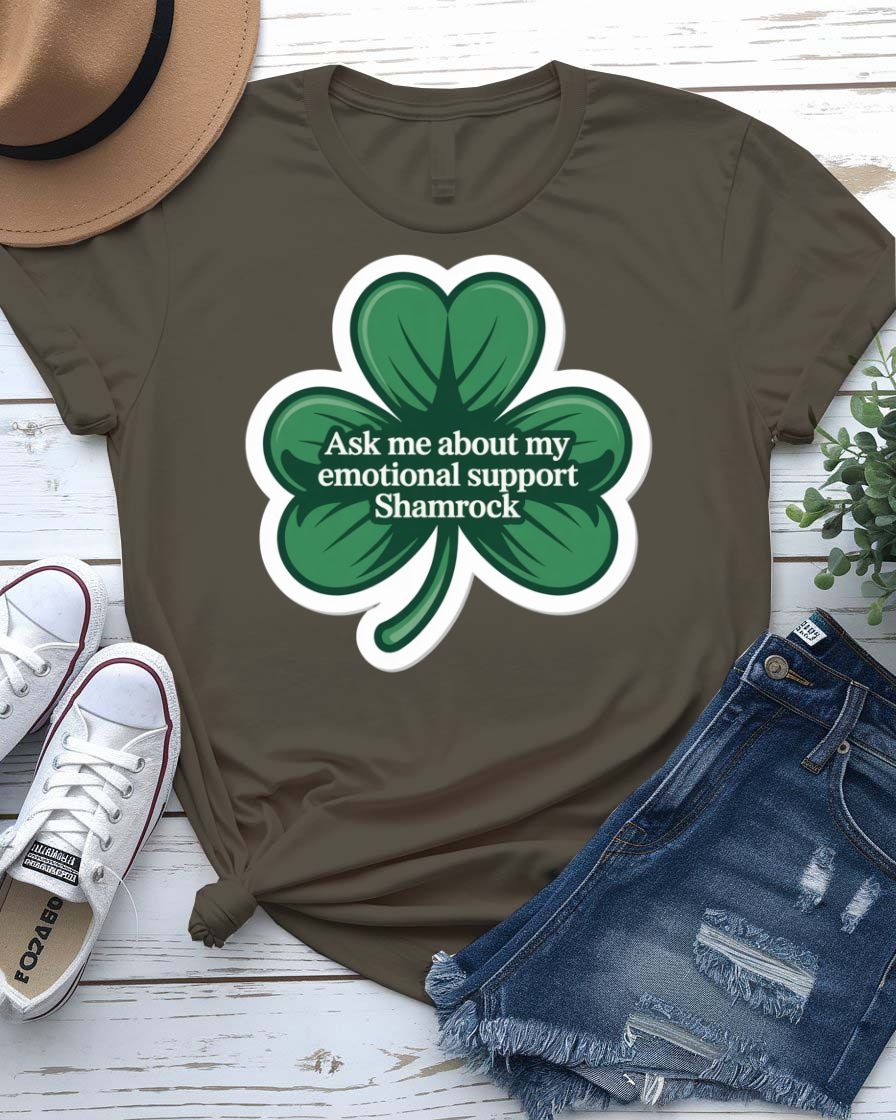 Ask Me About My Emotions St. Patrick's Day Tee with crying pint glass on model