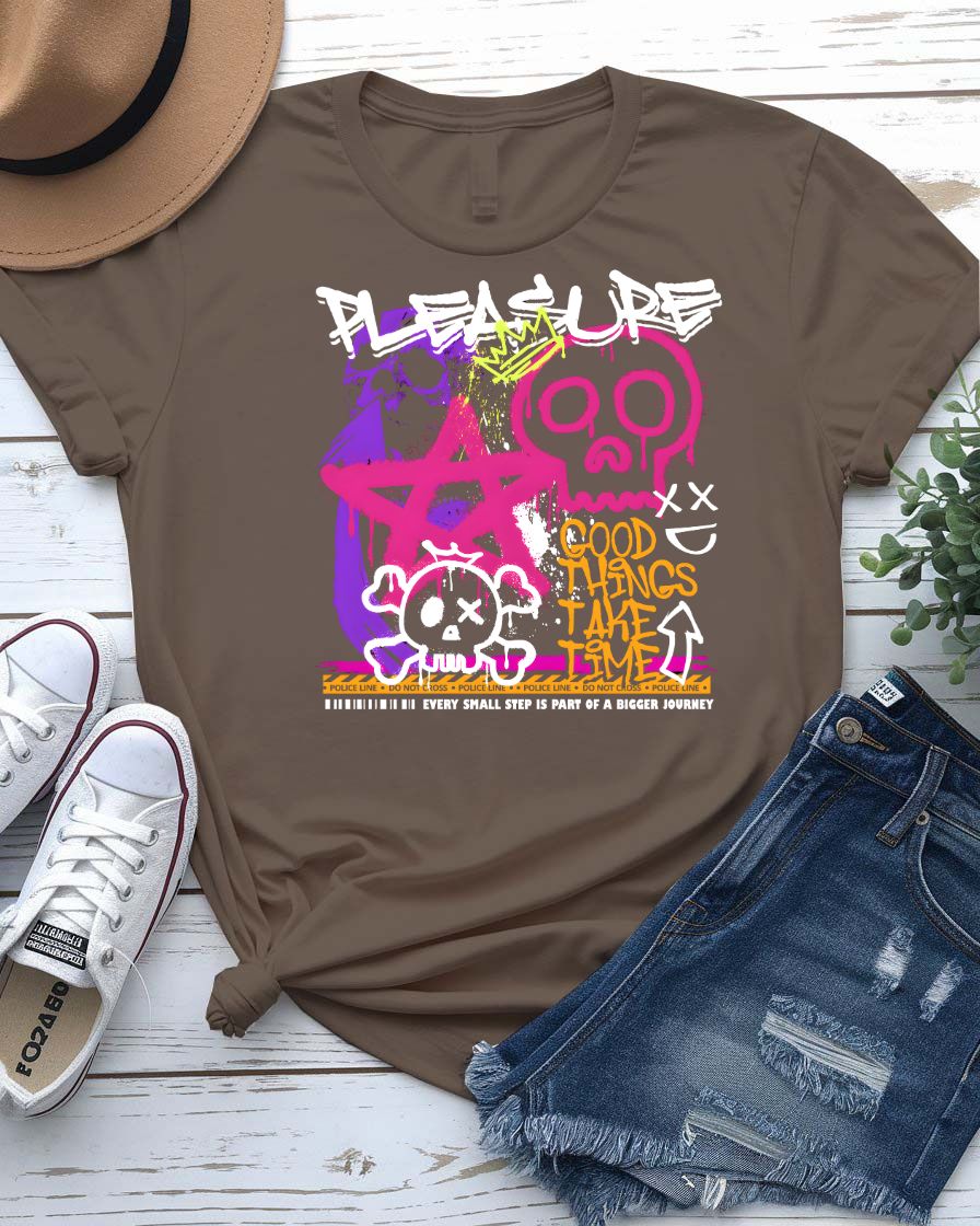 Pleasure Streetwear Tee with serpent coiled around ripe fruit on model