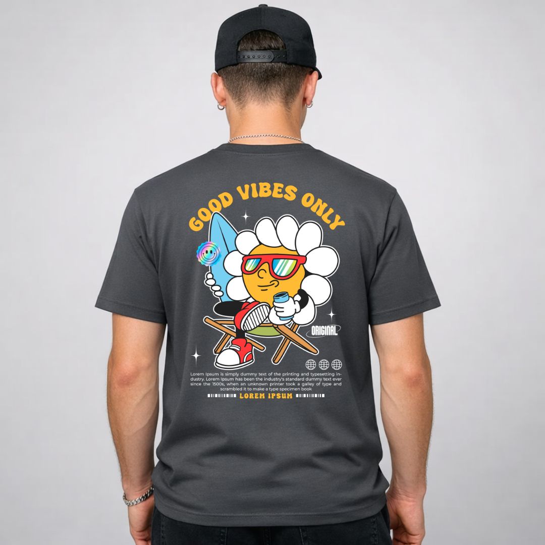 Good Vibes Streetwear Tee with radiating sun design on model