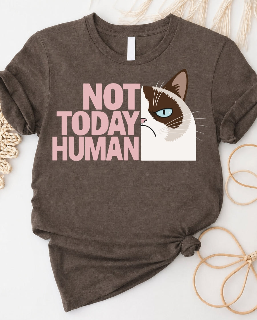 Not today human cat lovers tee with aloof cat graphic front view