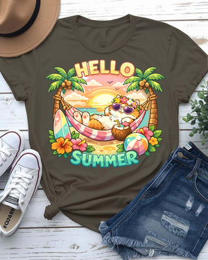 Hello cat summer tee waving kitty with sunshine graphic