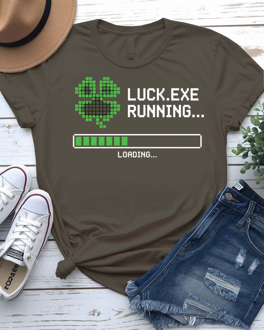 Luck.exe St. Patrick's Day Tee with terminal window design on model