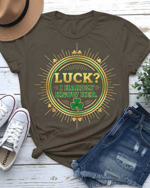 I Hardly Know Her St. Patrick's Day Tee with blushing shamrock on model