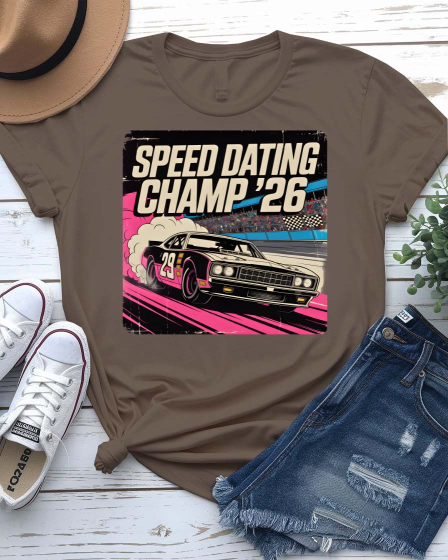 Speed Dating Champ T-Shirt with vintage trophy graphic and bold text