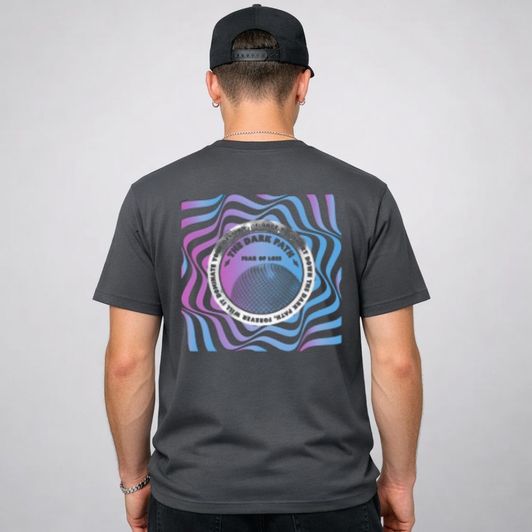 The Dark Path Streetwear Tee with lone figure walking into shadow on model