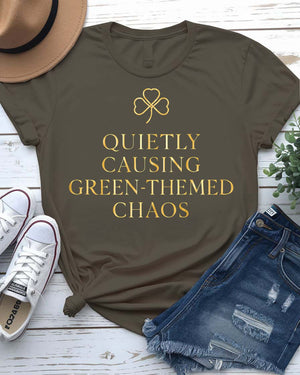 Quietly Causing Green Themed Chaos St. Patrick's Tee with tipping pint on model