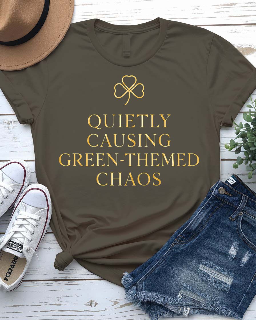 Quietly Causing Green Themed Chaos St. Patrick's Tee with tipping pint on model