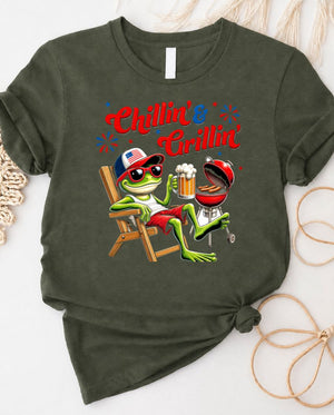 Chillin and Grillin 4th of July Tee with BBQ grill graphic