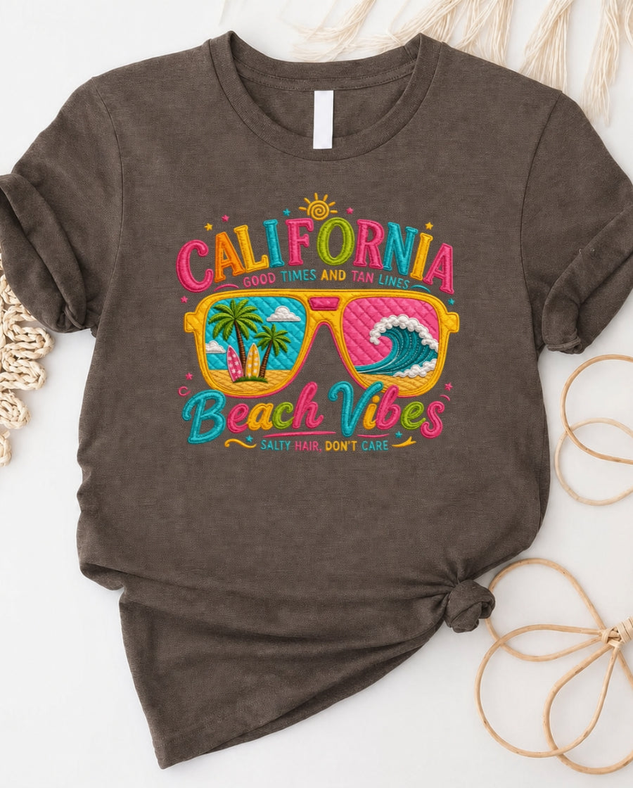 California beach vibes t-shirt with retro camper van graphic