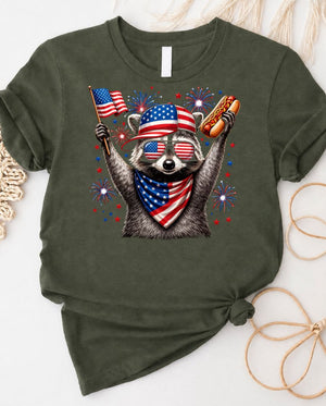 Raccoon 4th of July Tee wearing American flag sunglasses