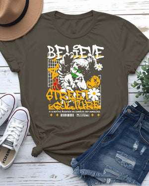 Believe Streetwear Tee with single candle flame on model