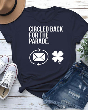 Circled Back For the Parade T-Shirt with meeting-to-float transformation on model