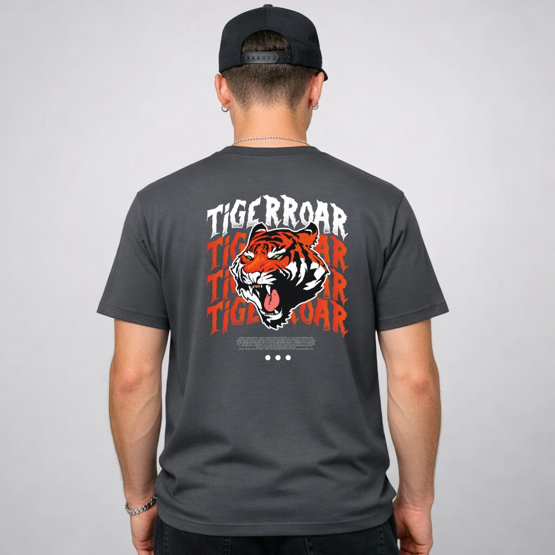 Tiger Roar Streetwear Tee with visible sound waves from roaring tiger on model