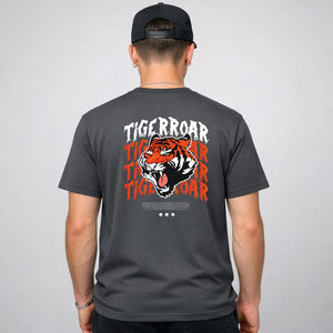 Tiger Roar Streetwear Tee with visible sound waves from roaring tiger on model
