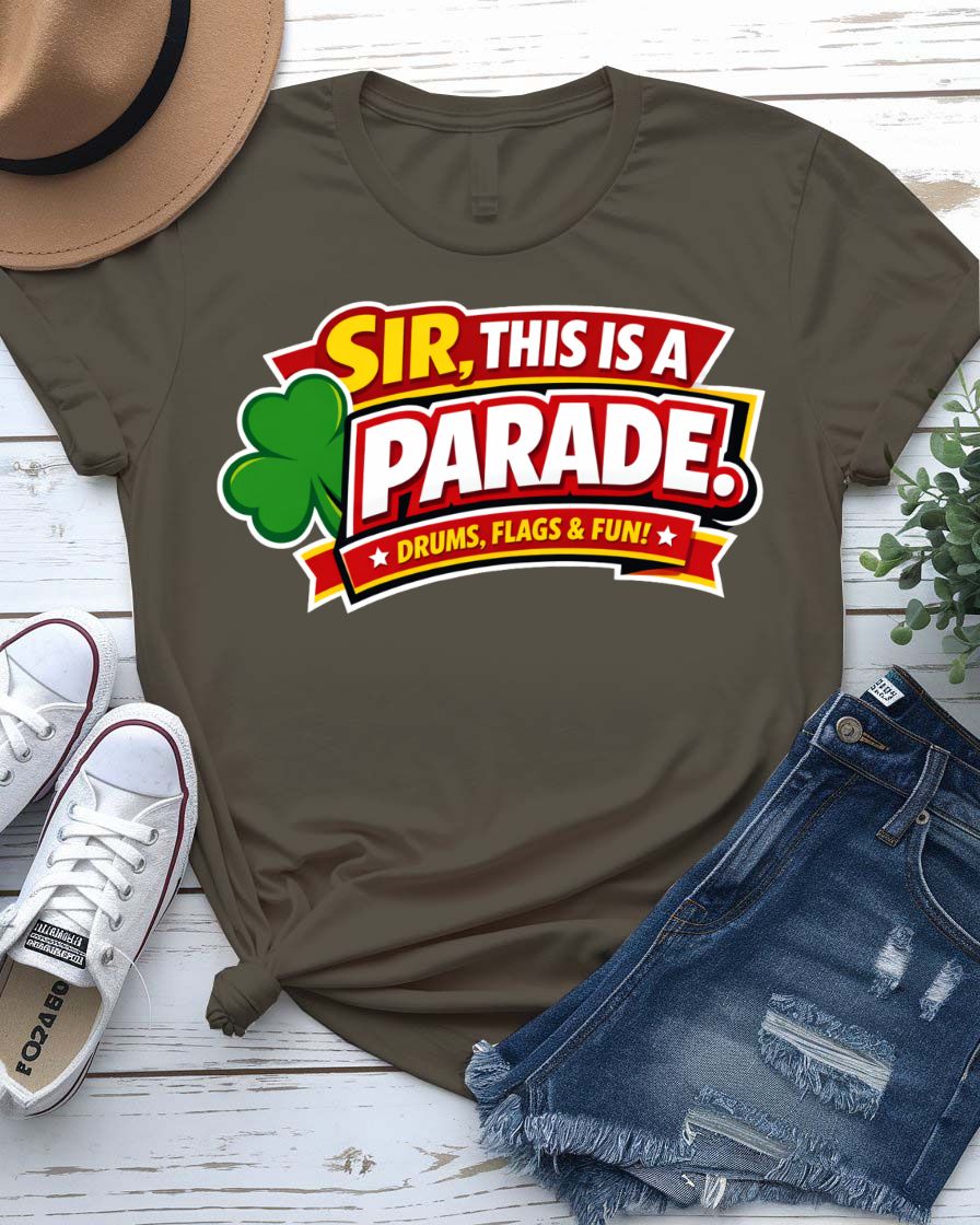 Sir This Is Parade St. Patrick's Day Tee with polite hand indicating scene on model