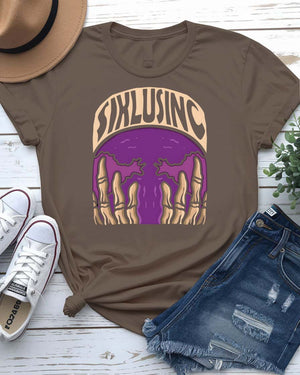 Siklusinc streetwear tee with cryptic industrial graphic on model in dark setting