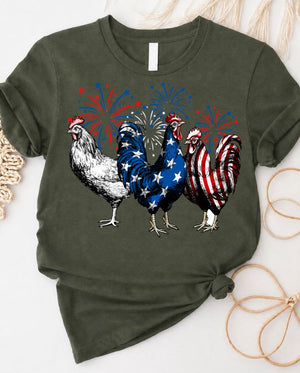 Red White and Blue Chicken 4th of July Tee with patriotic poultry design