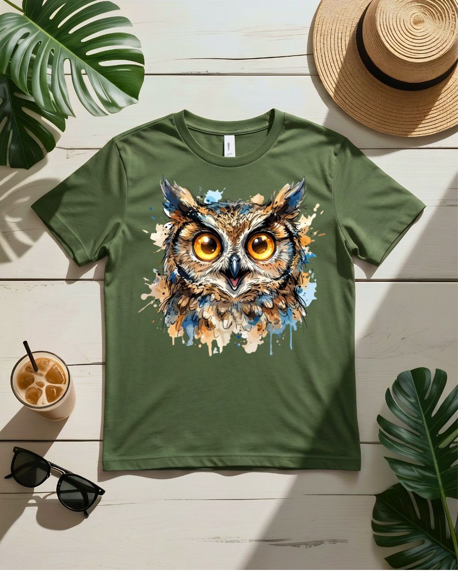 Golden gaze owl tee glowing golden eyes moonlit branch