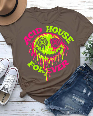 Acid House Forever retro graphic t-shirt with classic smiley face design