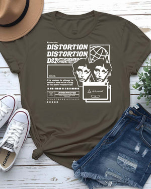 Distortion Streetwear Tee with fractured face dissolving into static on model