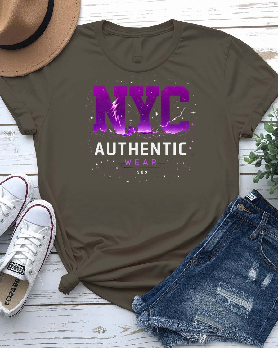 NYC Authentic Streetwear Tee with gritty skyline and graffiti on model
