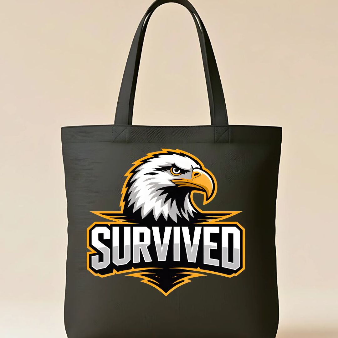 Minimalist 'Survived' text tote bag on natural canvas