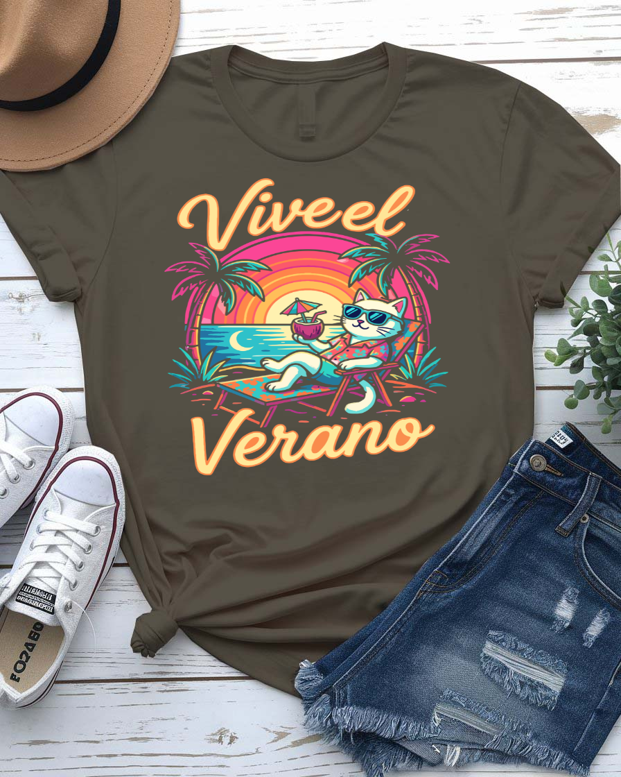 Vive el verano summer tee bold Spanish typography with sun
