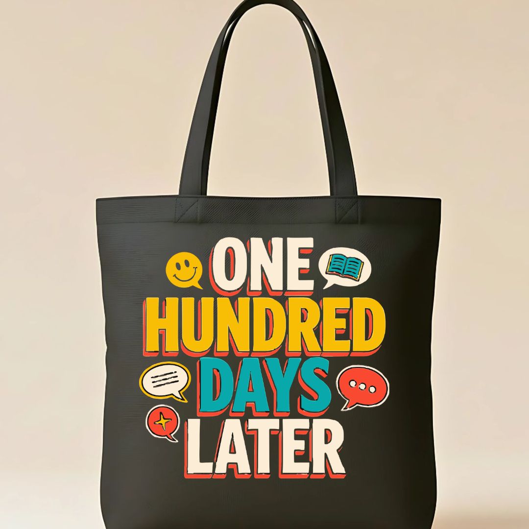 Colorful "100 Days of School" celebration tote bag on natural canvas