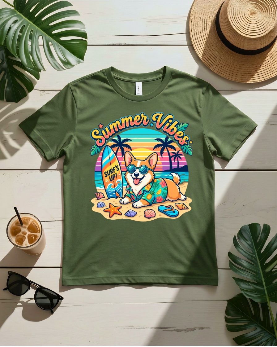 Summer vibes tee retro script sunburst graphic
