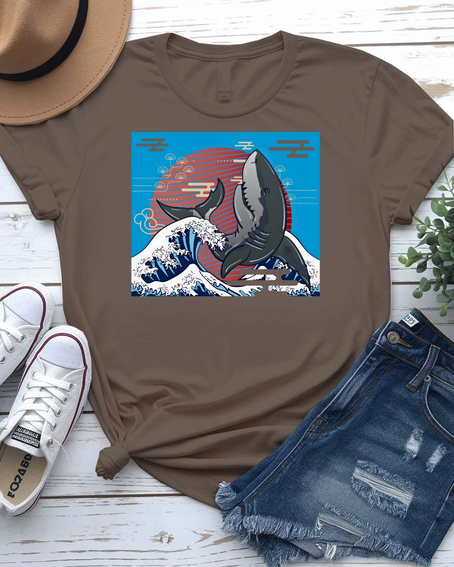 Whale Streetwear Tee with breaching humpback and geometric wave on model