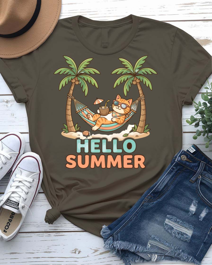 Hello cat summer tee waving kitty sunshine graphic